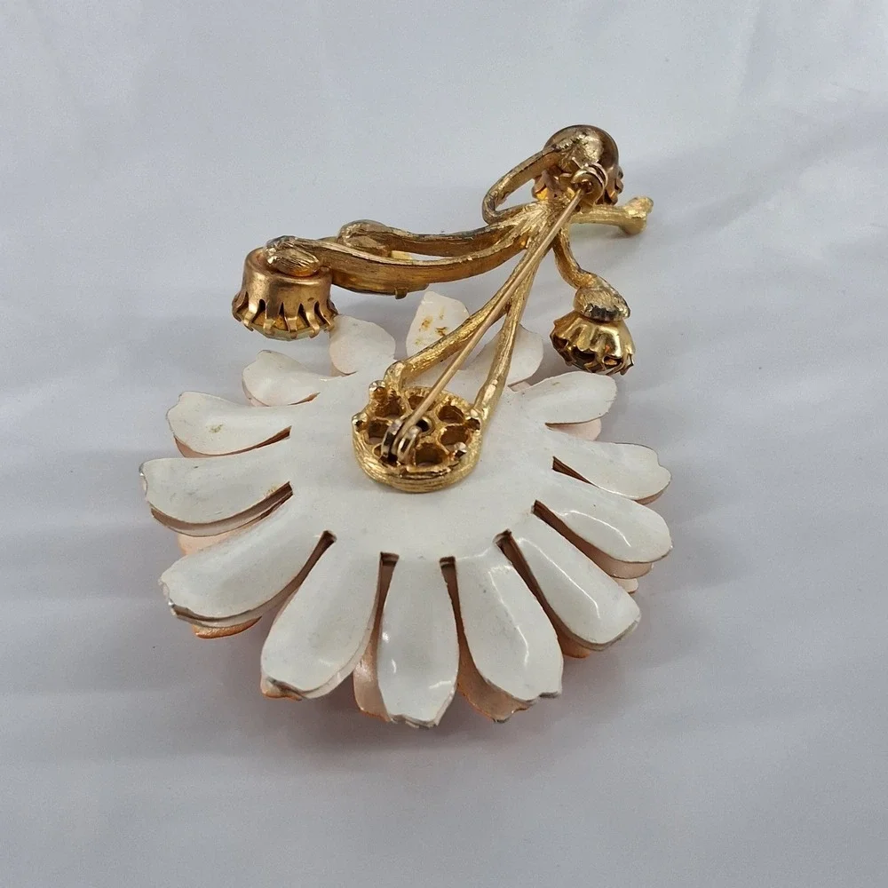 Vintage 1960s Orange Enamel Flower Brooch Large Mod Poppy‎ Rhinestone Gold Tone